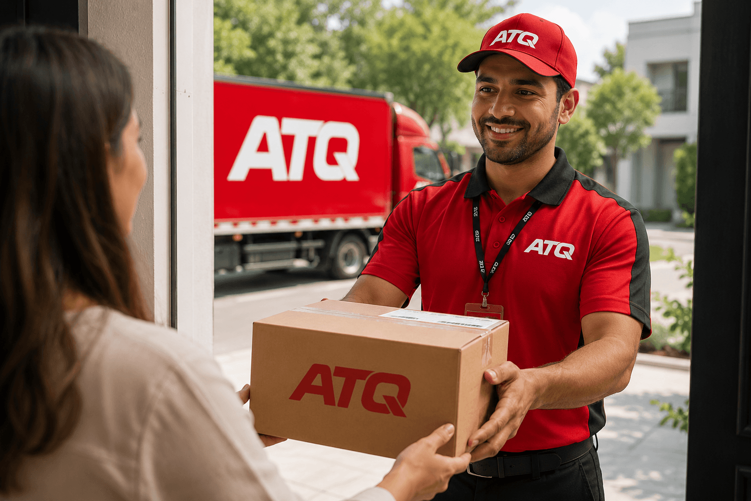 An ATQ courier handing a branded parcel to a customer at their door