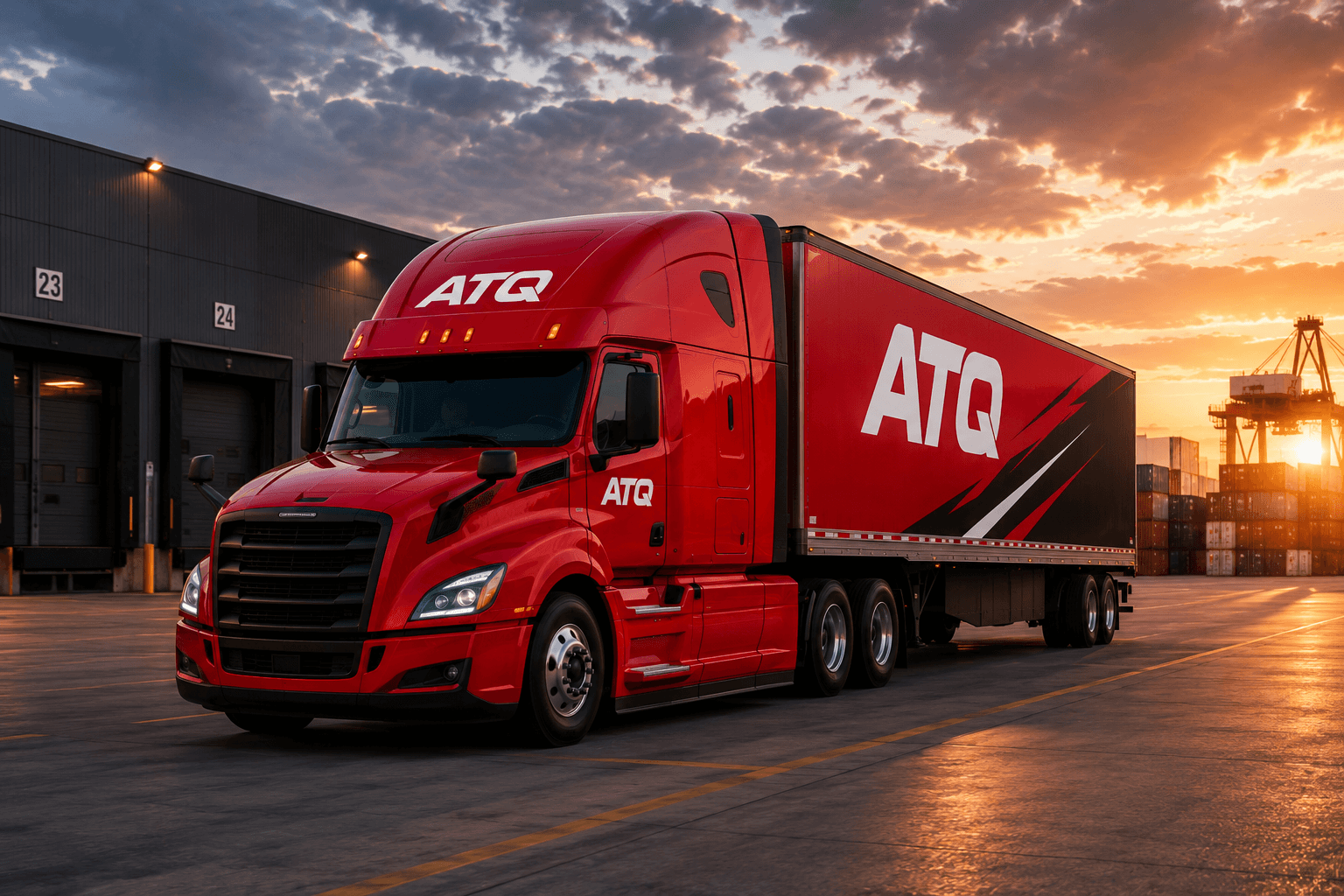 An ATQ truck at a port terminal at dusk