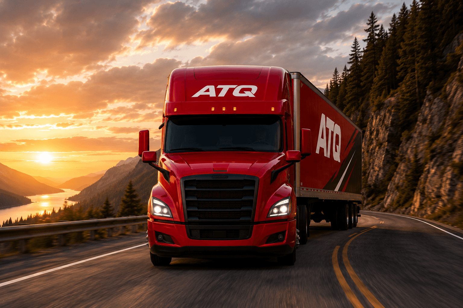 An ATQ truck on a mountain highway at sunset